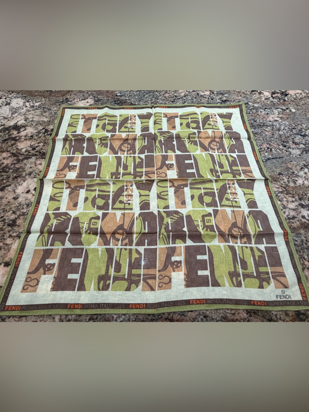 Fendi Brown & Green Logo Print Square Handkerchief